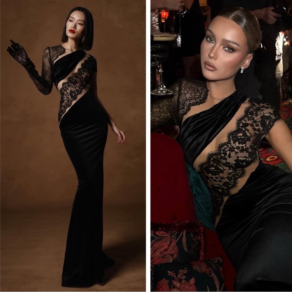 BRONX AND BANCO Cobra One Shoulder Long Sleeve Lace Asymmetric Maxi Gown Sz S - Picture 2 of 10